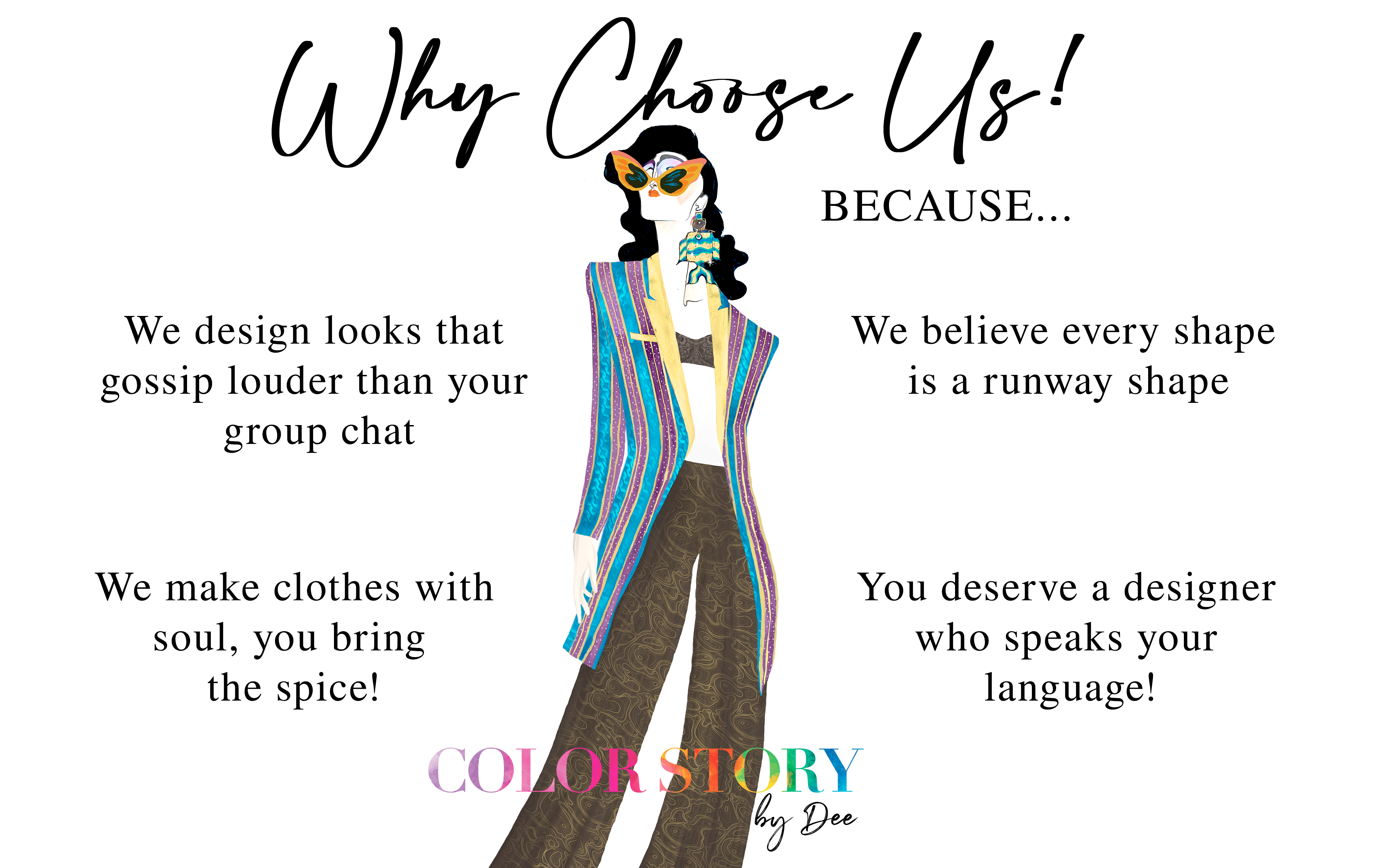 Advertisement for Color Story by Dee featuring a stylish cartoon character and text about fashion design.
