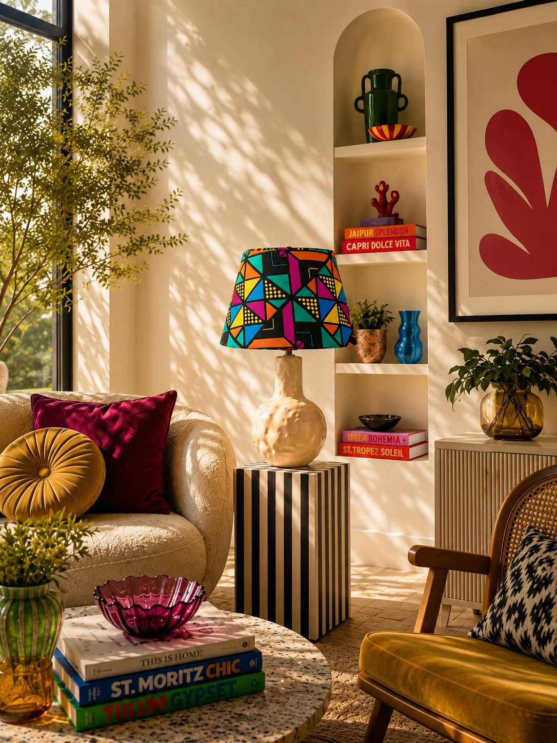 Living room with colorful decor, books, and a lamp.
