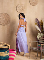 Lavender Tie-up Halter Neck High Slit Dress