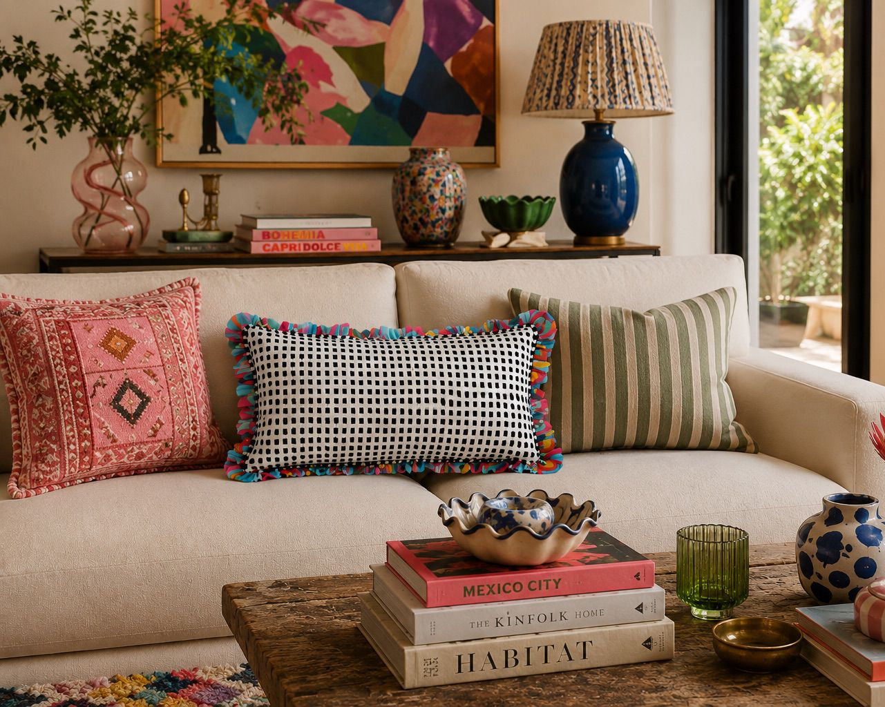 Living room with a beige sofa, colorful pillows, and decorative items on a coffee table.