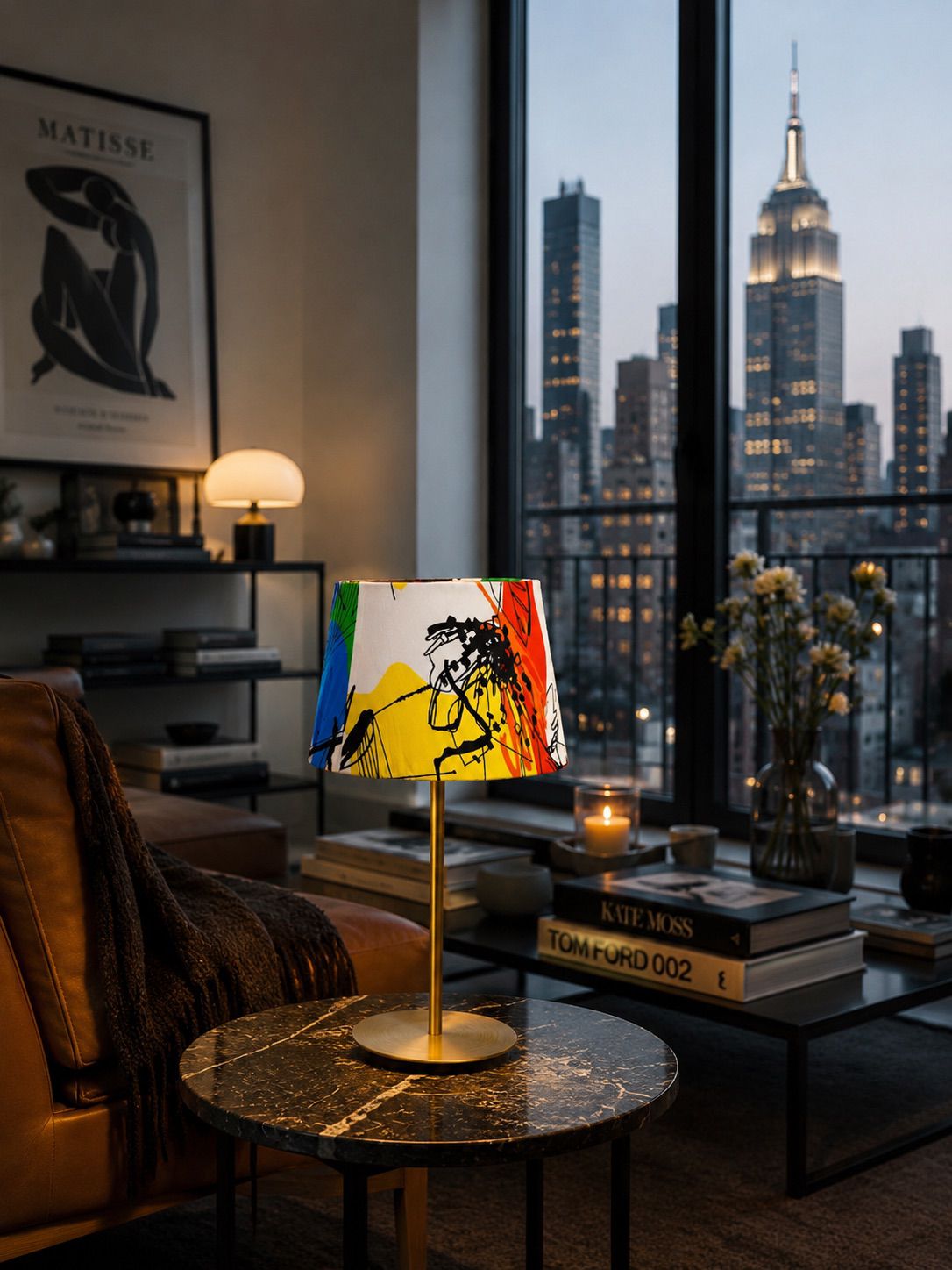 Modern living room with a colorful lamp, books, and a cityscape view.