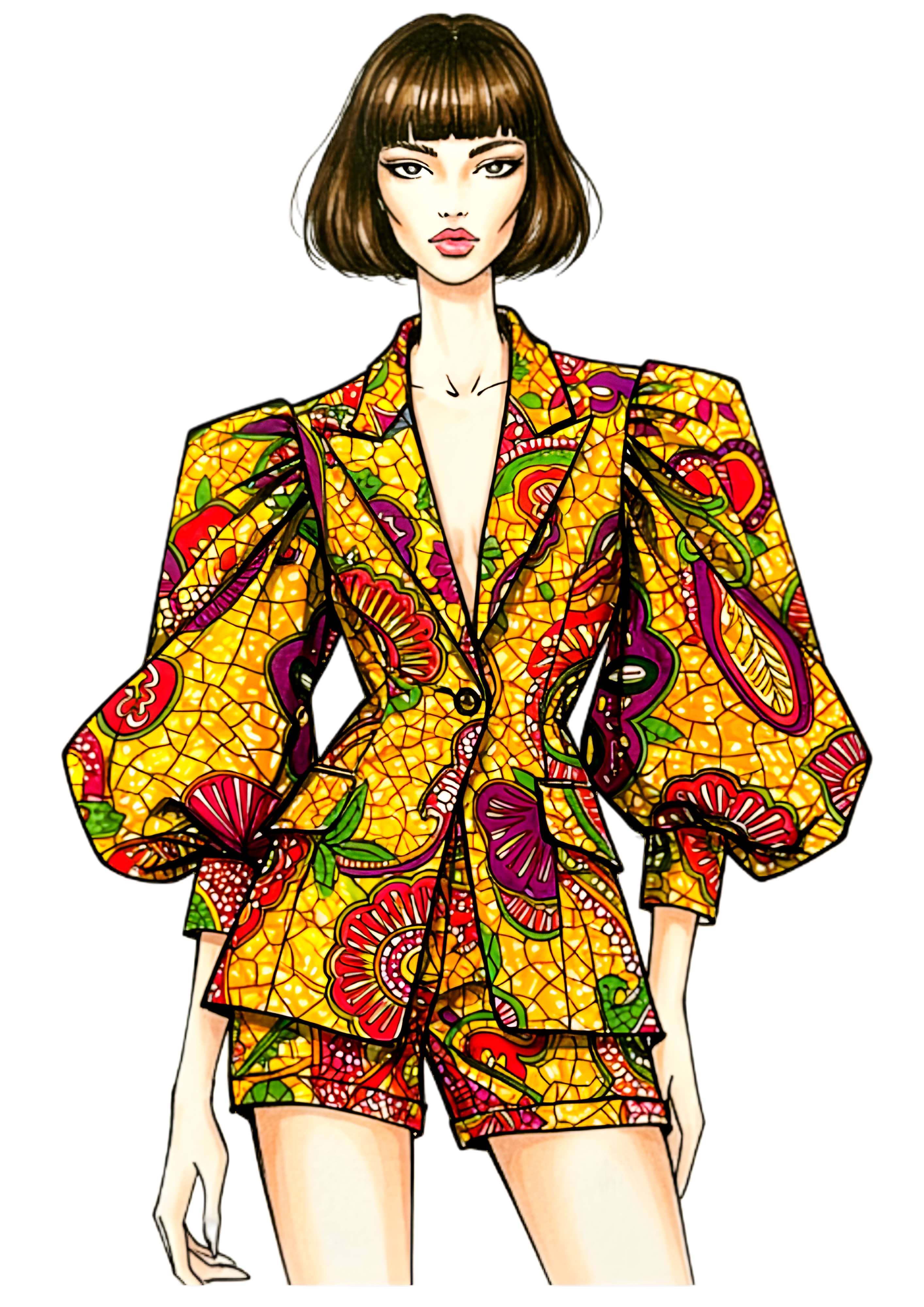 Colorful patterned suit with a vibrant design on a white background